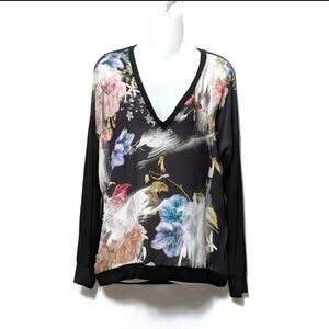 SINGLE LOS ANGELES Silk Floral V-Neck Top M